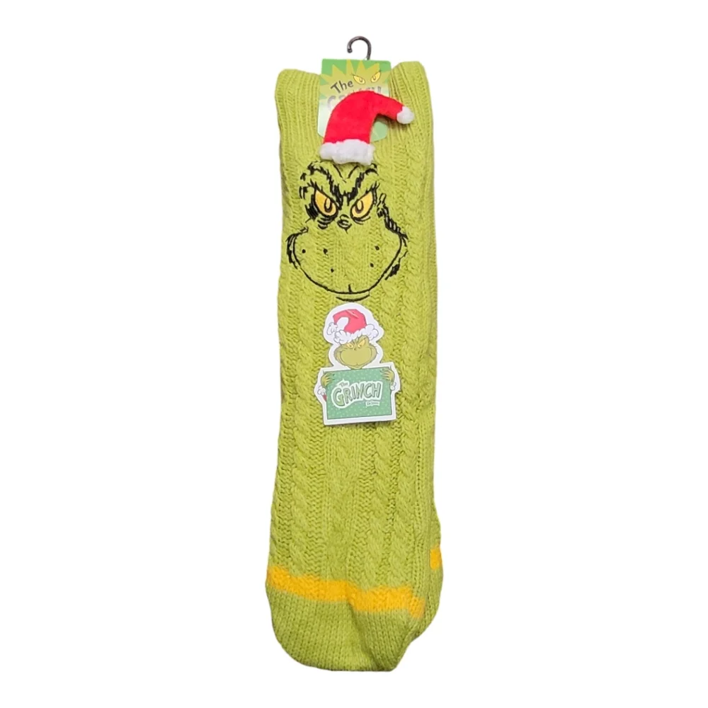 Bioworld Grinch Sherpa Lined Santa Hat Knit Slipper Socks NWT (Shoe 5-10)